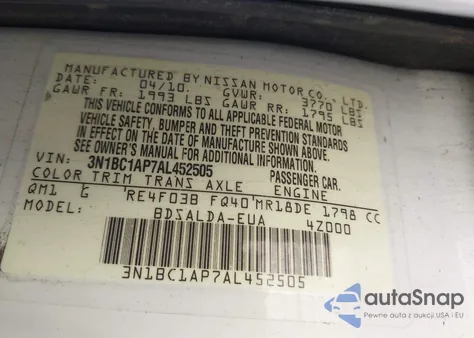 2010 Nissan Versa 1.8S z USA, uszkodzony, nr VIN 3N1BC1AP7AL452505